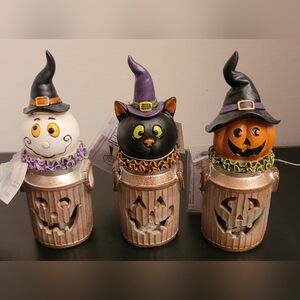 3 Gerson Intl Halloween Trash Can Light Up Black Cat Ghost Pumpkin Figures NWT